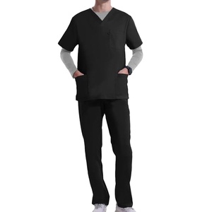 Men’s Medical Scrubs Set – V-Neck Stretch Top & Straight Pants with Elastic Waistband, 7 Pockets - Product Image 1