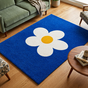 Tapis tufté à la main au design floral moderne, motif marguerite bleue, tapis de salon pour la décoration de la maison, qualité supérieure, sur mesure - Product Image 1