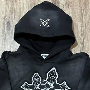 Sudadera con capucha de lavado ácido negro de moda para hombre 100% algodón bordado personalizado apliques estilo desgastado sudaderas con capucha - Product Image 4