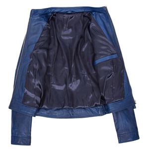 แจ็กเก็ตหนังมีฮู้ดสำหรับผู้หญิง,แจ็กเก็ตมีฮู้ดแบบถอดได้สไตล์มอเตอร์ไซค์หนังสีฟ้าแท้ - Product Image 5