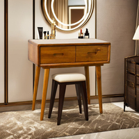 Mesa de Maquiagem Contemporânea Nórdica Moderna Dobrável em Madeira Sólida de Teak com 2 Gavetas e Espelho Retrátil para Quarto (Sustentável)