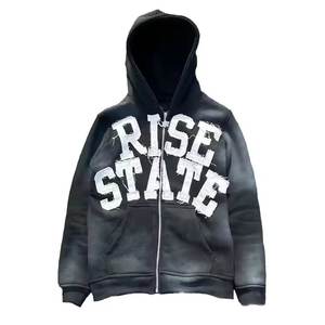 <b>Top</b> Applique Embroidery Distressed Hoodie Rhinestone <b>Zip</b> <b>up</b> Jacket Acid Wash Vintage Washed <b>Men</b> Fleece Streetwear Hoodie - Product Image 1