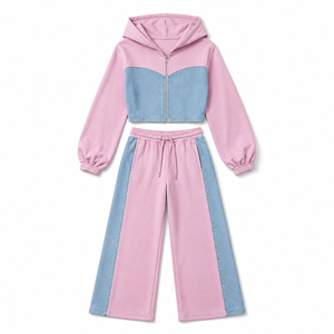 Ensemble de survêtement décontracté pour femme en 100 % polyester, deux pièces, avec sweat à capuche court à manches longues et pantalon de jogging large, style streetwear color block - Product Image 2