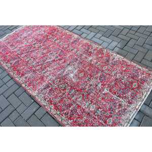 Vintage Turkish <b>Wool</b> Area Rug 3.8x7.6 ft (115x232 Cm) Eco Friendly Patchwork Design with <b>Red</b> Border and Latex Backing - Product Image 4