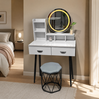 Coiffeuse moderne en verre avec miroir éclairé et armoire de rangement extensible, bureau de maquillage de luxe minimaliste, ensemble pour petite chambre