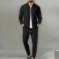 Ensemble de survêtement en coton pour homme, respirant, tricoté, uni, décontracté, veste zippée, pantalon de jogging, deux pièces