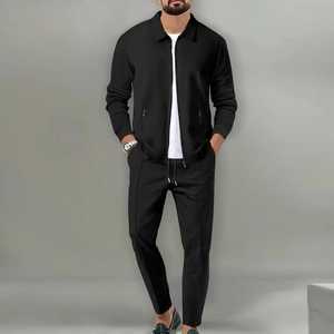 Men Cotton Tracksuit Breathable Knitted Solid Casual Zip Jacket <b>Jogger</b> Pants Two Piece Set - Product Image 2