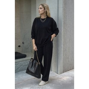Women'<b>s</b> Long-Sleeve Crew Neck Viscose Two-Thread <b>Blouse</b> <b>and</b> Pants Two-Piece Set, 30941 - Black - Product Image 2