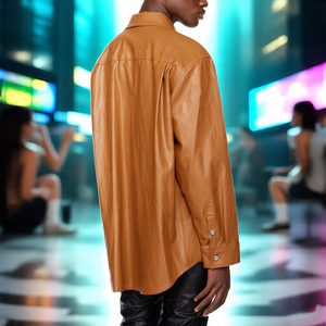 Oversize <b>Men's</b> Faux <b>Leather</b> Shirt with Turn Collar Button-Down Street Style Fashionable Horn Button Closure - Product Image 2