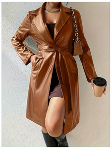 Manteau long en similicuir PU pour femme grande taille, coupe-vent, chaud, pour l'hiver, avec ceinture, style décontracté, manteau long en cuir pour femme - Product Image 1