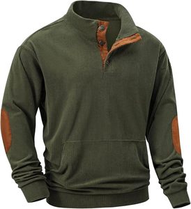 Sudadera de otoño con patrón sólido lavado a la piedra informal para hombre, sudadera de manga larga con cuello de pana levantado y botones, sudaderas con capucha - Product Image 1