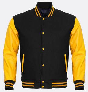 Veste de Baseball Homme Vintage en Laine Noire et Manches en Cuir Jaune Brodé à Col Montant Style Hip-Hop Hiver - Product Image 2