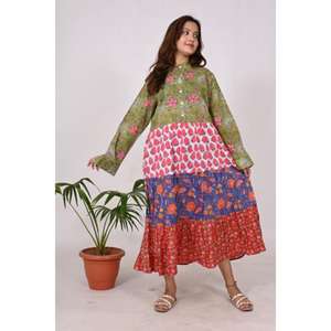 Handcrafted Cotton Block Print Maxi <b>Dress</b> for Women Indian Patchwork Boho Casual & Party Wear Eco-Friendly Button Decoration - Product Image 3
