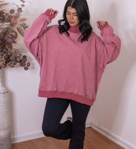 Sweat-shirt à col roulé oversize pour femme, rose uni, épaules tombantes, tricoté en coton, style hiver, longueur normale, brodé - Product Image 3