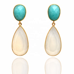 Boucles d'oreilles classiques en argent Sterling 925 plaqué or Amazonite naturelle calcédoine blanche goutte de pierres précieuses fête de mariage parfaite - Product Image 1