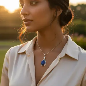 Pendentif en argent 925 avec lapis-lazuli pour femmes, collier de mode en pierre précieuse bleue, bijoux - Product Image 1