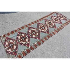 Alfombra turca étnica roja azul 2,6X7,7 pies de área grande Material de lana Patrón de retazos Látex para sala de estar Pasillo Alfombra de habitación de 10mm - Product Image 2