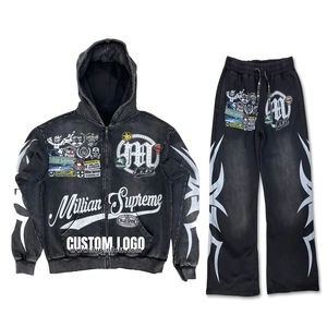 Conjunto de Sudadera con Capucha y Pantalones de Chándal para Hombre, Estilo Vintage Lavado, con Cremallera Completa, Ropa Urbana Sólida, de Alto Gramaje y Ecológica - Product Image 1