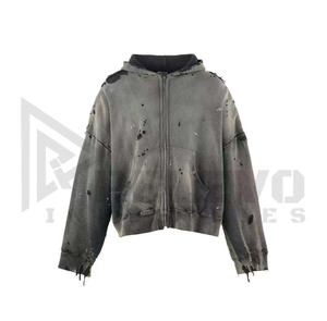 Manches longues personnalisé lavage à l'acide en détresse coton polaire fermeture éclair sweat à capuche blanc hiver surdimensionné Fit vestes pour hommes pull à capuche - Product Image 1