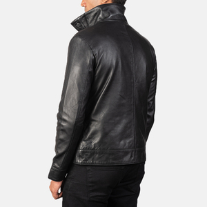 Veste d'hiver en cuir véritable pour homme noir avec col boutonné à col rond, doublure matelassée, tissu imperméable et coupe-vent en toile - Product Image 4