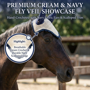 Voile anti-mouches pour cheval en crochet blanc, cache-oreilles bleu marine, bordure noire, bonnet équestre fait main, couleur personnalisable, rembourrage doux et confortable - Product Image 4