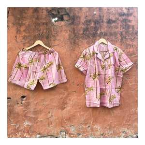 Conjunto de Pijama Corto de Algodón Estampado a Mano con Diseño Floral Marrón para Mujer, Ropa de Dormir de Verano con Ribete Blanco, Estilo Boho - Product Image 2