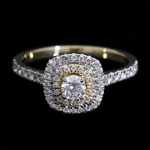 14K Yellow Gold Rhodium Plated Natural Diamond Classic Engagement Ring with Double Halo Pave Band <b>Cushion</b> Frame Brilliant Center - Product Image 6