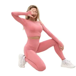 Ensemble de yoga de fitness pour femmes pantalon taille haute haut à manches longues respirant grande taille vêtements de sport sans couture soutiens-gorge de sport-Direct - Product Image 1