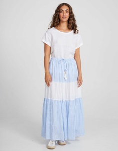 Falda maxi a cuadros con cintura elástica, cordón con cuentas de madera y borlas, y diseño escalonado de moda para mujer - Product Image 4