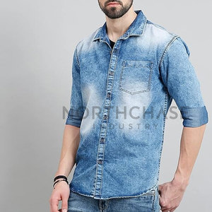 Chemise décontractée à boutons, manches longues, col classique, poches pratiques, polyvalente, pour homme, en jean, 100% coton - Product Image 2