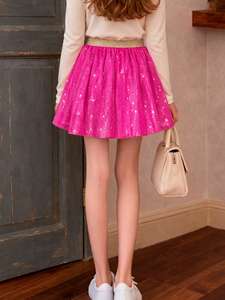 Mini-jupe plissée rose pour filles, style satiné, imprimée à paillettes, coupe trapèze, mignonne, décontractée pour l'école - Product Image 3