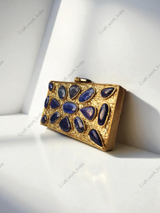 Lapis Lazuli Natural Gemstone Panelled Box <b>Bag</b> With Gold Textured Metal Frame Handcrafted <b>Womens</b> Statement Carry <b>Accessory</b> gift - Product Image 5