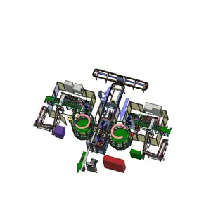 Máquina automática de alta productividad para producir filtros ecológicos con 2 mesas con 12 estaciones y 2 Robots