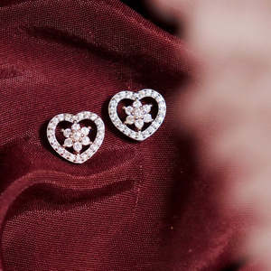 NOVAMART Fine Zarkan <b>Silver</b> & Gold Plated <b>Stud</b> Earrings with Floral Heart and Zircon Trendy Cute Alloy Design for Parties Gifts - Product Image 2