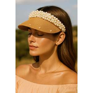 Camel Pearl Detailed Stylish <b>Straw</b> <b>Visor</b> Hat Oval Design Summer Accessory HSR2086 - camel2086 - Product Image 1