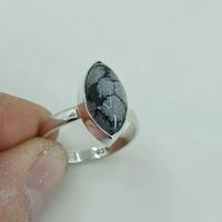Bague en obsidienne flocon de neige taille marquise, en argent sterling 925, sertie clos, faite à la main, bijoux bohèmes pour mariage et fête