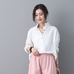 Haut en lin blanc pour femme, haut en lin surdimensionné, haut en lin basique, chemisier en lin décontracté, chemisier à manches longues, hauts de printemps - Product Image 4