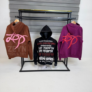 Mode Acid Wash Hommes Graphique Lettre écran Imprimé À Capuche Logo Personnalisé Streetwear Coton Hoodies avec patchwork et strass - Product Image 2