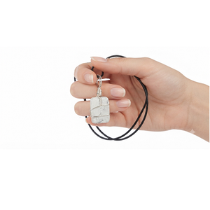 Pendentif en howlite blanche naturelle, forme rectangulaire, pierre polie, bijoux de mode avec cordon noir, collier enroulé de fil - Product Image 1