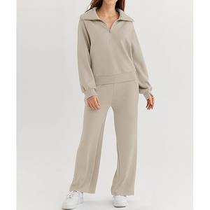 Sweatshirts with Wide Leg Sweatpants Quarter Zip Fleece Women Sweat Suits Loungewear Sets 2 Piece Wholesale Tracksuits - Product Image 2
