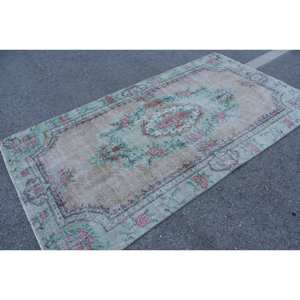 Alfombra turca clásica Vintage, forro de látex de lana de retazos verde Beige, hecha a mano, alfombras de cama laterales rectangulares de 4x8 pies, modelo de alfombra de noche - Product Image 4