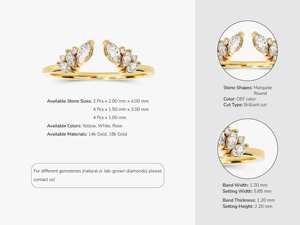 <b>Vintage</b> Open Cluster Wedding <b>Ring</b> Unique Marquise Cut Wedding 14K Solid <b>Gold</b> Lab Grown Diamond Wedding Band Stackable <b>Gold</b> <b>Ring</b> - Product Image 2