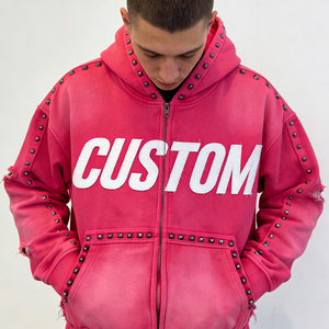 Street Casual Factory Wholesale Hot Pink <b>Studded</b> Full-Zip Distressed Ripped Frayed Edge Customizable Oversized <b>Men</b> Hoodies - Product Image 4