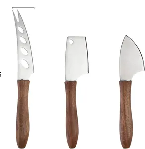 Pisau keju Set kualitas Premium dari 3 pisau keju Damaskus buatan tangan baja tahan karat dengan pegangan kayu