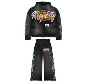 Chándales acampanados con lavado ácido personalizados para hombres Impresión de pantalla personalizada Hip Hop Chándal vintage elegante de talla grande para invierno - Product Image 3