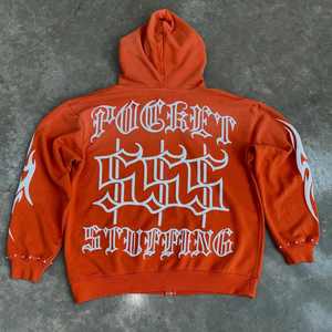 Sweat à capuche streetwear d'hiver pour homme, entièrement zippé, 100% coton, coupe oversize, avec strass et impression personnalisée, grammage lourd - Product Image 6