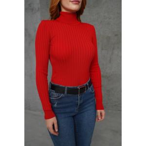 Pull col roulé rouge en tricot pour femme avec détails côtelés – Vente en gros - Product Image 3