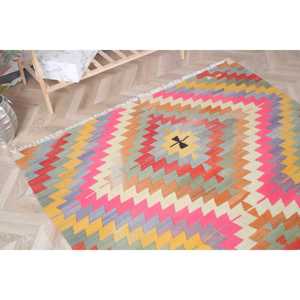 Turkish Vintage Large Rug 5.2x9.4 ft (160x288 cm), <b>Yellow</b> Patchwork Kilim Rug - Product Image 4