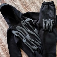 Conjunto de chándal de invierno personalizado de fabricante, de peso pesado, con sudadera con capucha y pantalones de chándal acampanados de tejido de rizo, talla grande, con pedrería