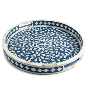 Bandeja decorativa de lujo con incrustaciones florales de color natural de madreperla redonda ecológica hecha a mano con asas - Product Image 1